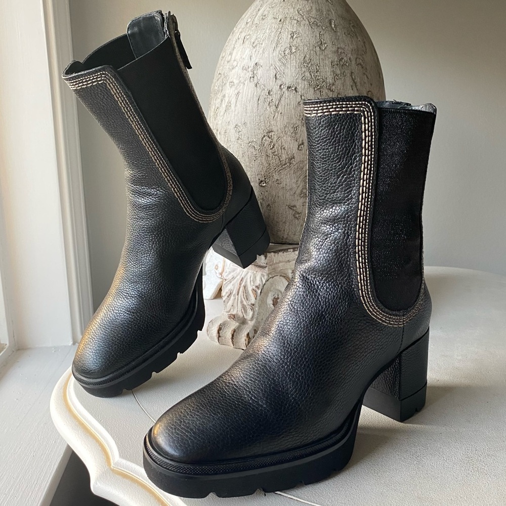 RARE Homers Sharon Leather Satin Platform Heeled Ankle Boots Womens 35 US5 Black